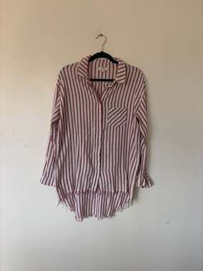 Umgee Striped Frayed Hem Long Sleeve Button Up Shirt